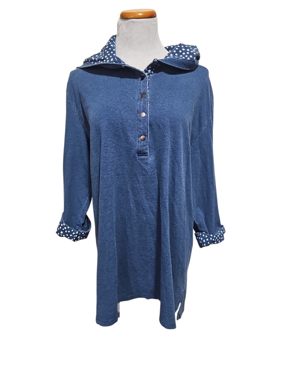 Brand New With Tags Wild Palms Denim & White Polka Dot Accent Hooded Henley SXXL